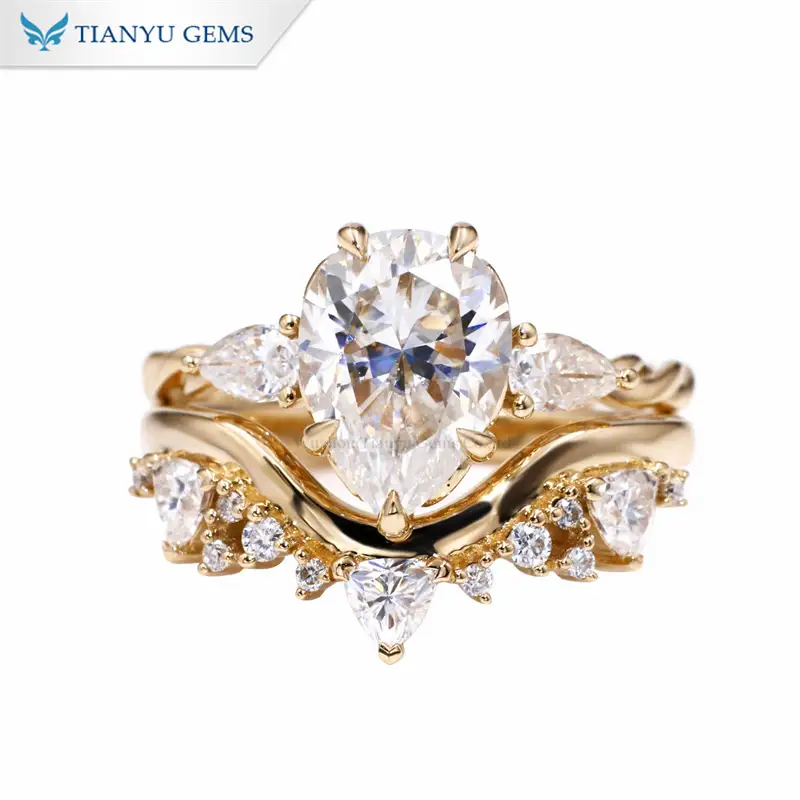 Tianyu Gems Pear Shaped Crown Yellow Gold Ring Set 14k Vintage Moissanite Wedding Ring Set 1