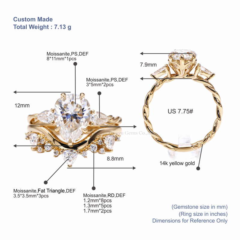 Tianyu Gems Pear Shaped Crown Yellow Gold Ring Set 14k Vintage Moissanite Wedding Ring Set 5