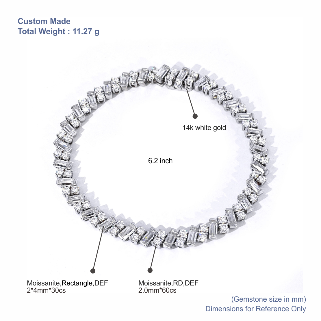 Pulseras na Moissanite na may Parihabang Diyamante na may 14k Puting Ginto na may Pahalang na Gintong Tianyu Gems para sa Kababaihan 5