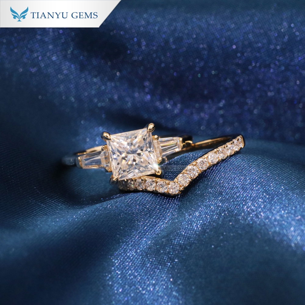Tianyu Gems Princess Cut Ring Set 14k Yellow Gold Moissanite Bridal Wedding Ring Sets 2