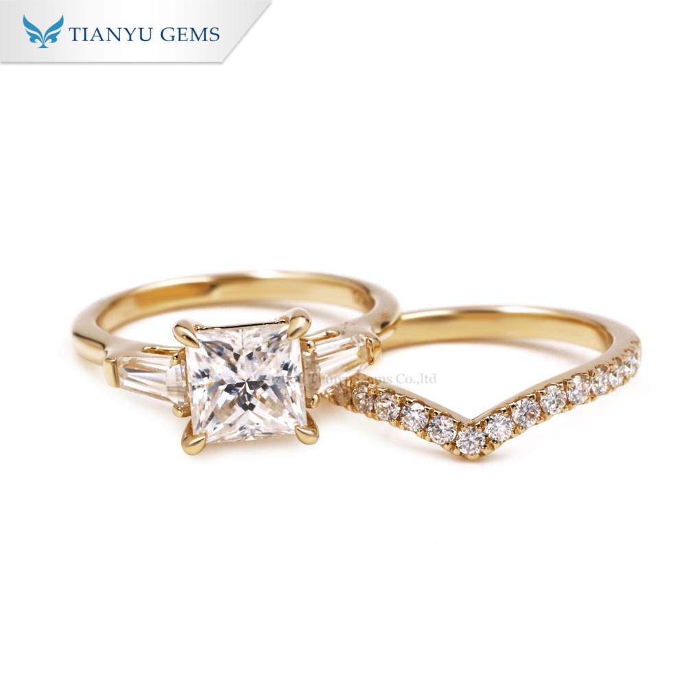 Tianyu Gems Princess Cut Ring Set 14k Yellow Gold Moissanite Bridal Wedding Ring Sets 6