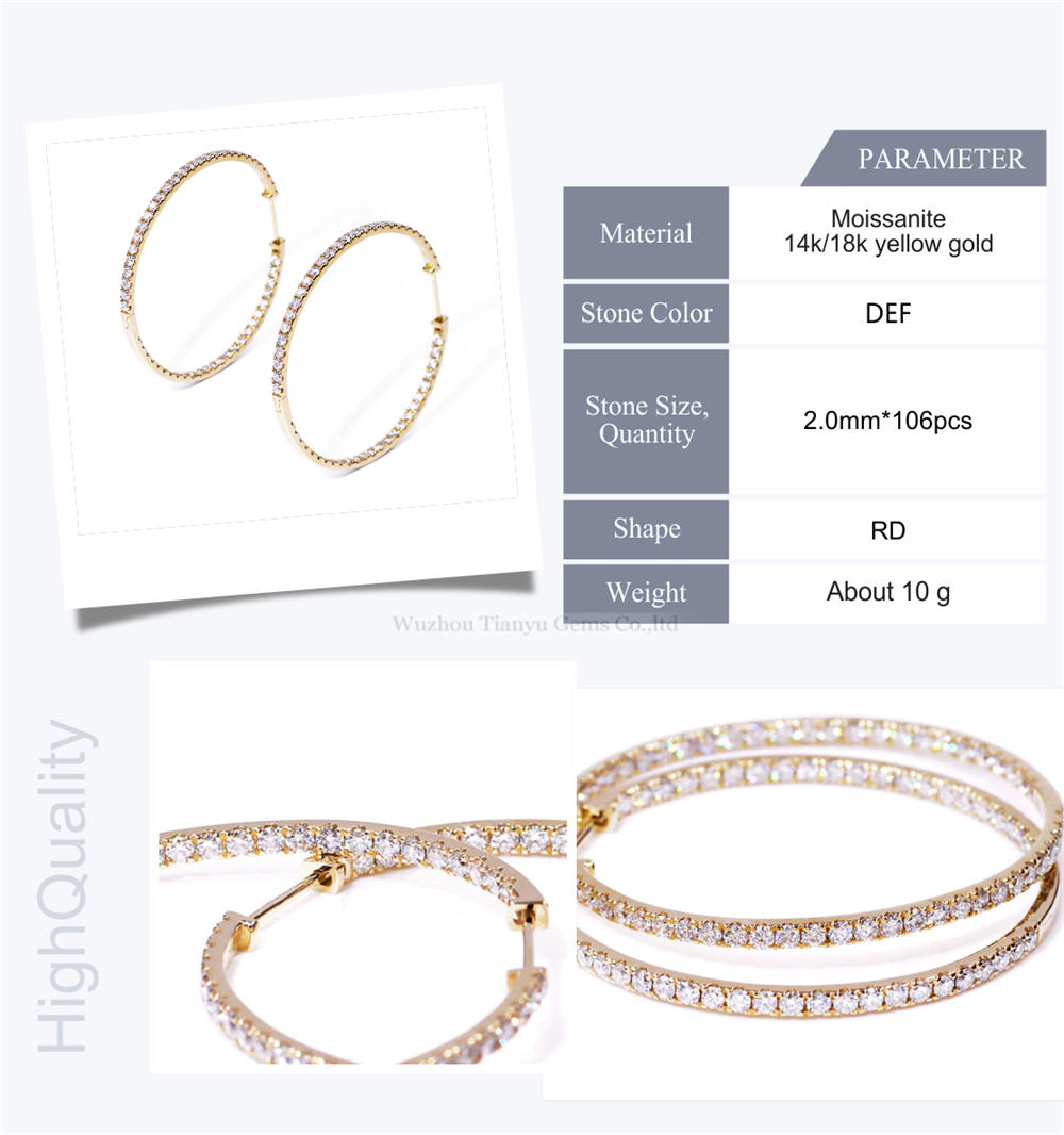 Tianyu gems Charming 2.0mm DEF Colorless Circle Round Moissanite Diamond Solid Yellow Gold Hoop Earring 8
