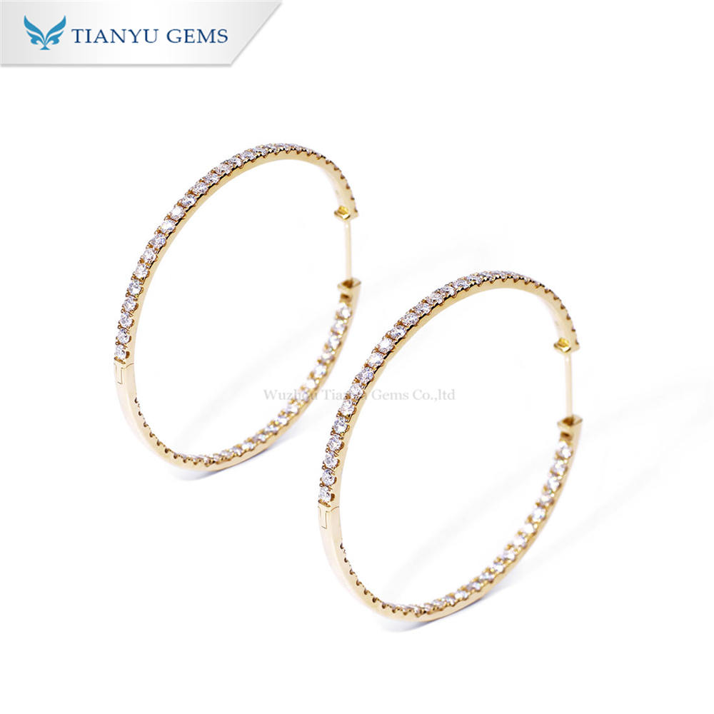 Tianyu gems Charming 2.0mm DEF Colorless Circle Round Moissanite Diamond Solid Yellow Gold Hoop Earring 9