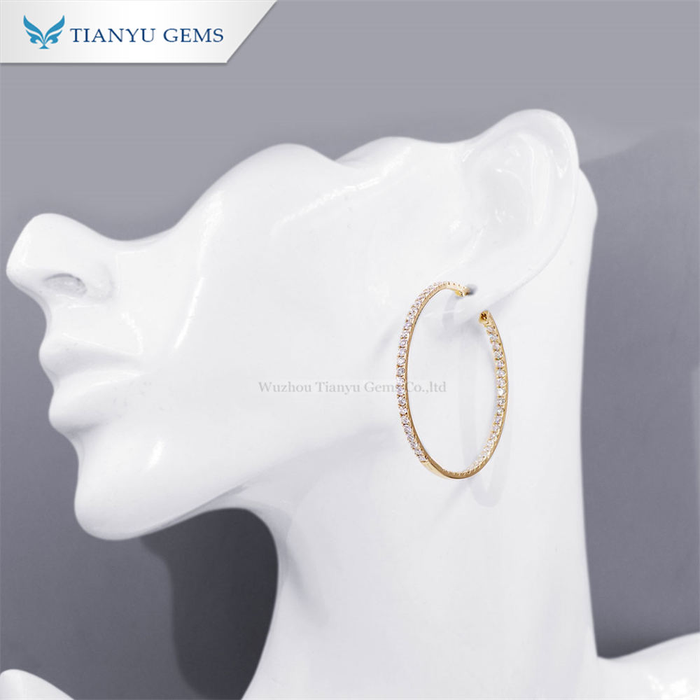 Tianyu gems Charming 2.0mm DEF Colorless Circle Round Moissanite Diamond Solid Yellow Gold Hoop Earring 10