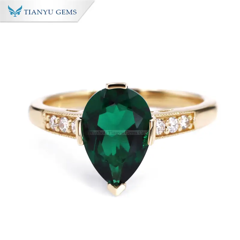 Tianyu Gems Pear Shaped Emerald Women's Ring 14k Yellow Gold Wedding Band 1