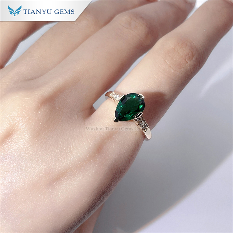 Tianyu Gems Pear Shaped Emerald Women's Ring 14k Yellow Gold Wedding Band 6