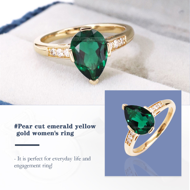 Tianyu Gems Pear Shaped Emerald Women's Ring 14k Yellow Gold Wedding Band 2