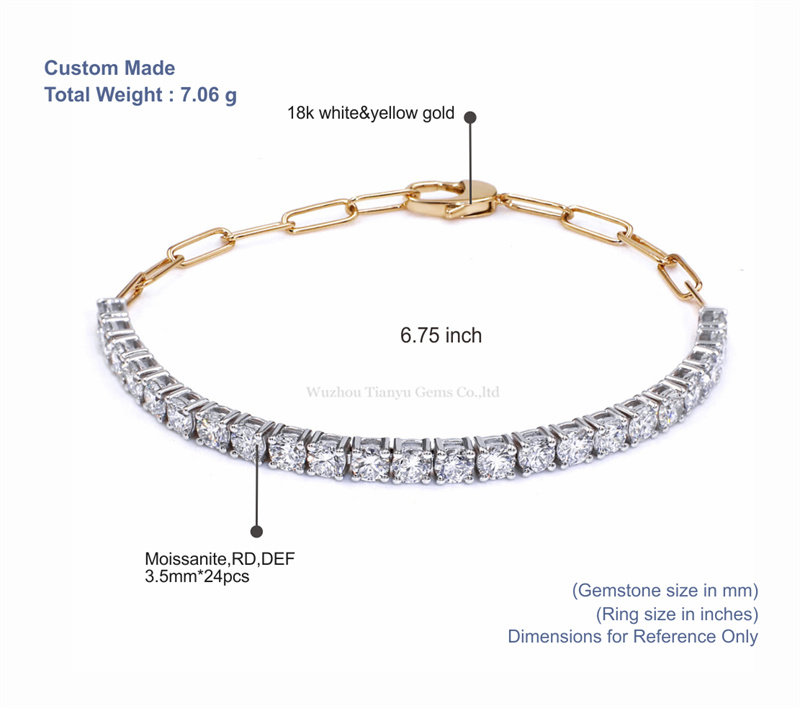 Tianyu Gems Round Cut Geometric Block Bracelet 14k Yellow White Gold Moissanite Bracelet 5
