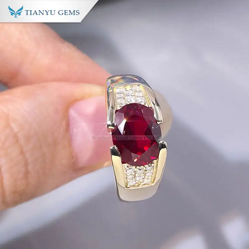 Tianyu gems Lab Created Ruby Oval Cut Gemstone Moissanite Wedding Engagement 18K Yellow Gold Men Ring 1