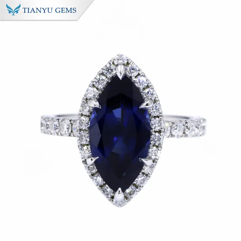 حلقه نامزدی 14 عیار برش مارکیز جمز Tianyu Gems Royal Blue Sapphire 1