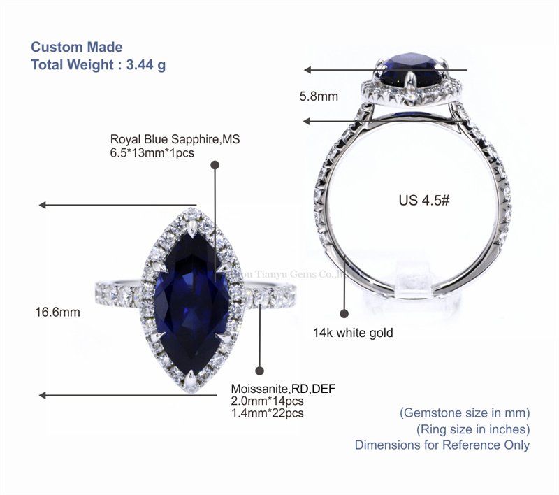 حلقه نامزدی 14 عیار برش مارکیز جمز Tianyu Gems Royal Blue Sapphire 5