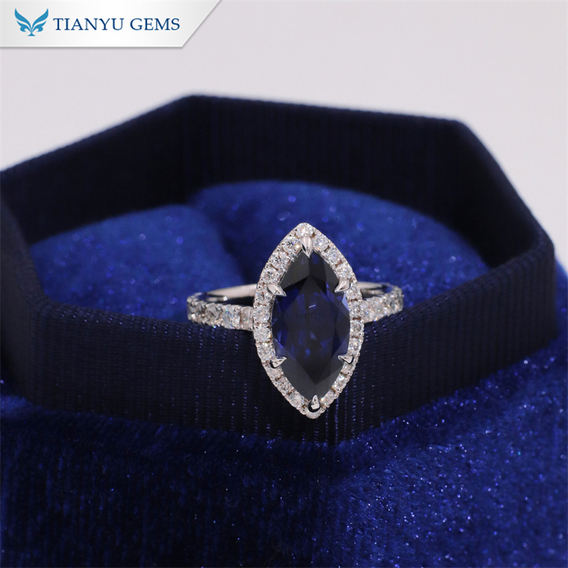حلقه نامزدی 14 عیار برش مارکیز جمز Tianyu Gems Royal Blue Sapphire 2
