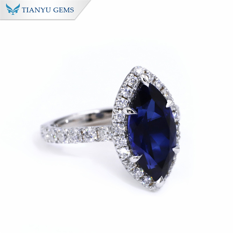 حلقه نامزدی 14 عیار برش مارکیز جمز Tianyu Gems Royal Blue Sapphire 7