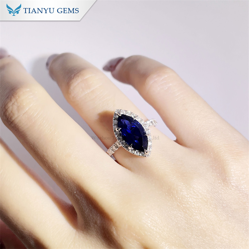 حلقه نامزدی 14 عیار برش مارکیز جمز Tianyu Gems Royal Blue Sapphire 4