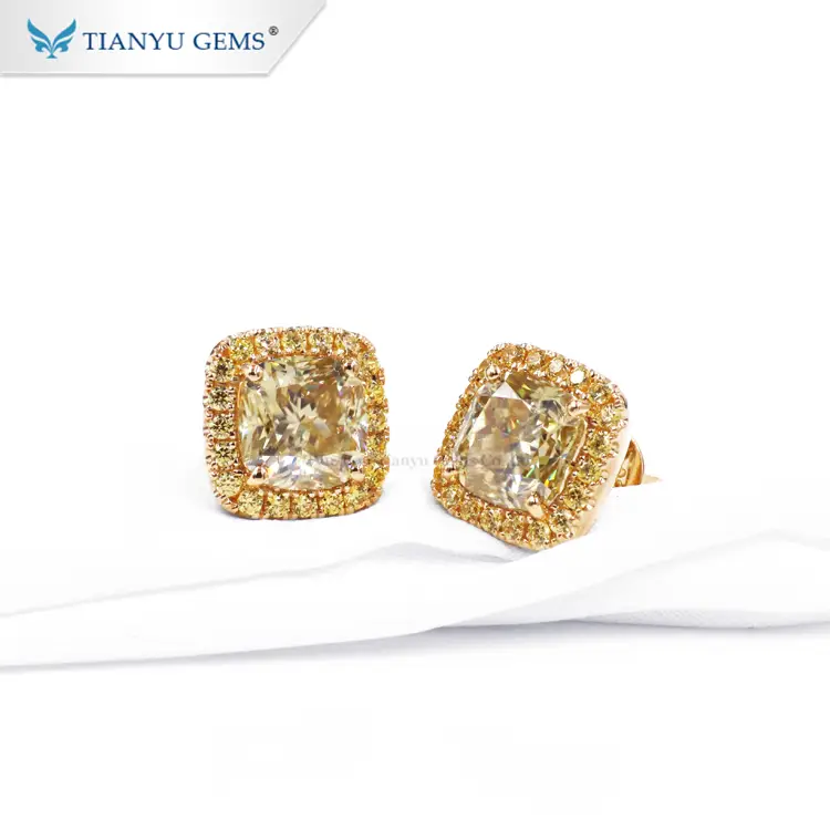 Tianyu gems 14k/18k real yellow gold earring 9.5*9.5mm cushion crushed ice cut moissanite stud earring 1