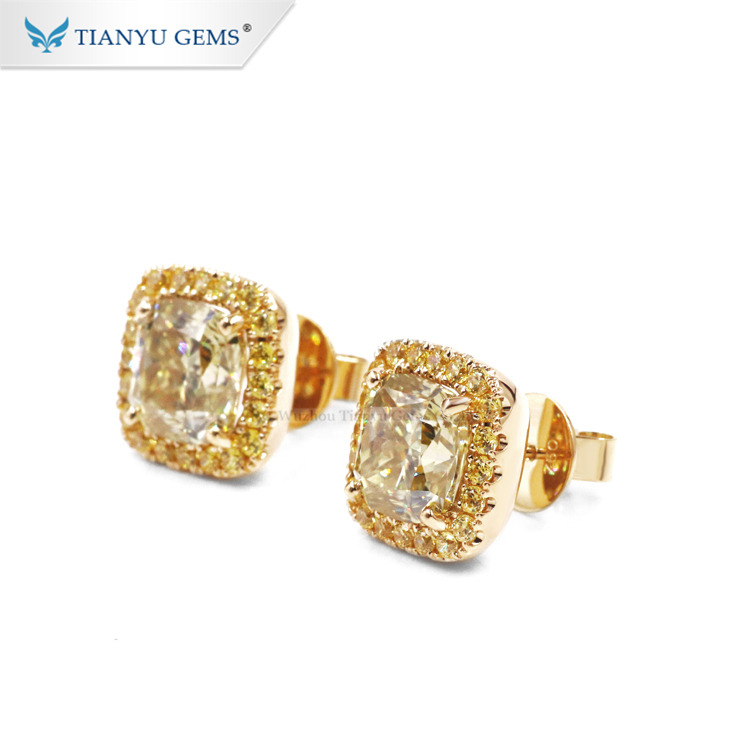 Tianyu gems 14k/18k real yellow gold earring 9.5*9.5mm cushion crushed ice cut moissanite stud earring for woman