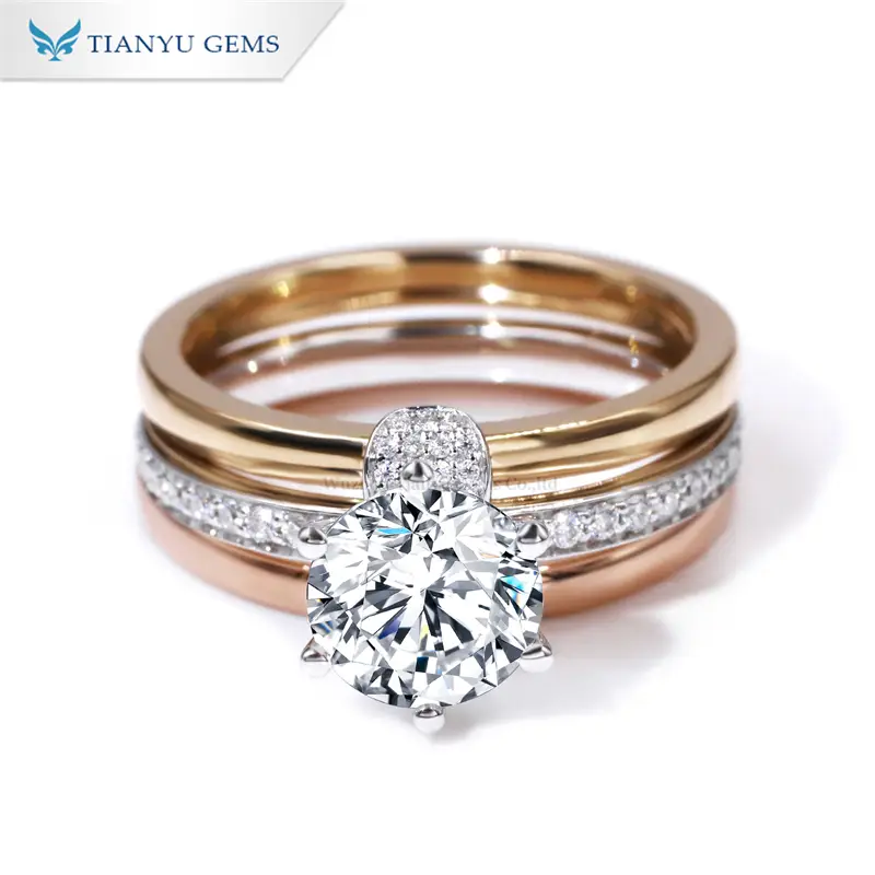 Tianyu Gem gold jewelry wholesale vendors 14k\18k yellow and white gold  round cut moissanite diamond ring set 1