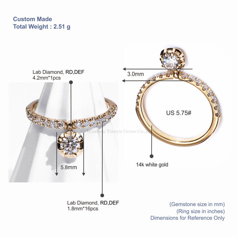 Tianyu Gems 14k Yellow Gold Round Lab Diamond Ring Pendant Ring for Women 5