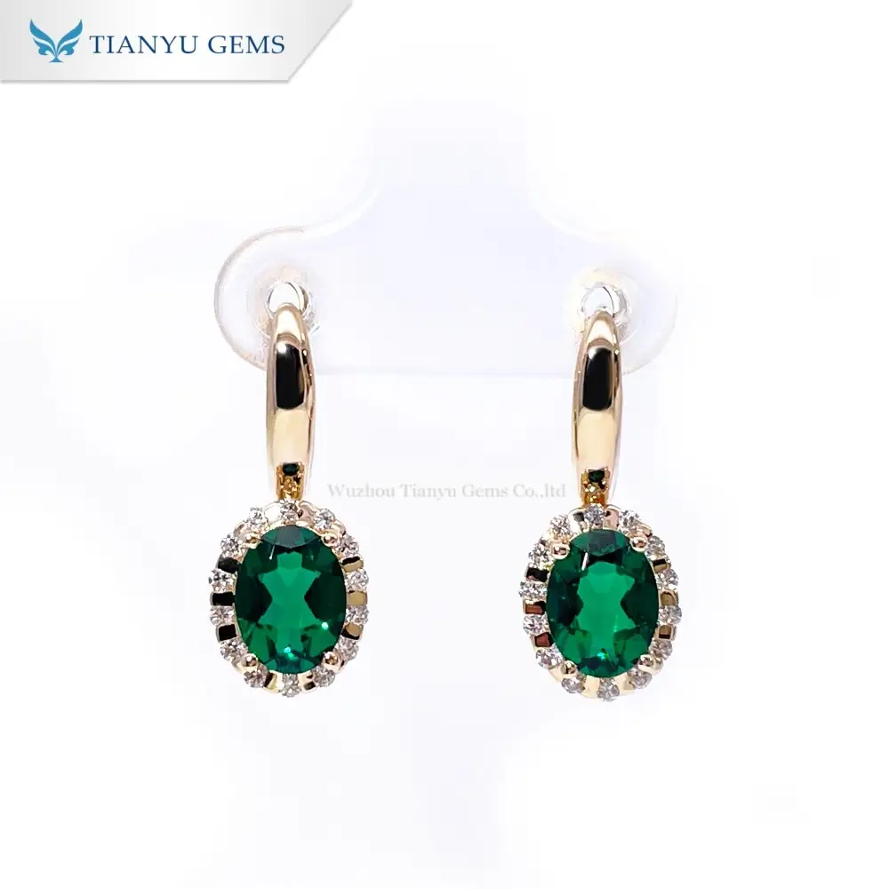 Brinco Tianyu Gems em ouro amarelo com esmeralda hidrotermal de corte oval para mulheres 1