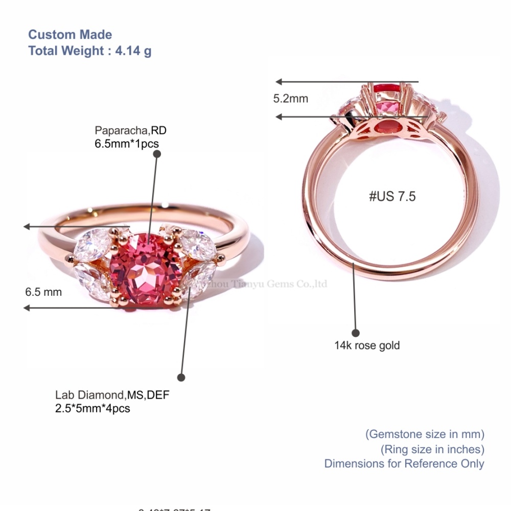 Tianyu Gems Cincin Paparacha Emas Mawar 14k dengan Berlian Buatan Laboratorium Potongan Marquise 5