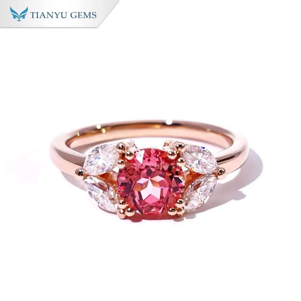 Tianyu Gems Cincin Paparacha Emas Mawar 14k dengan Berlian Buatan Laboratorium Potongan Marquise 1