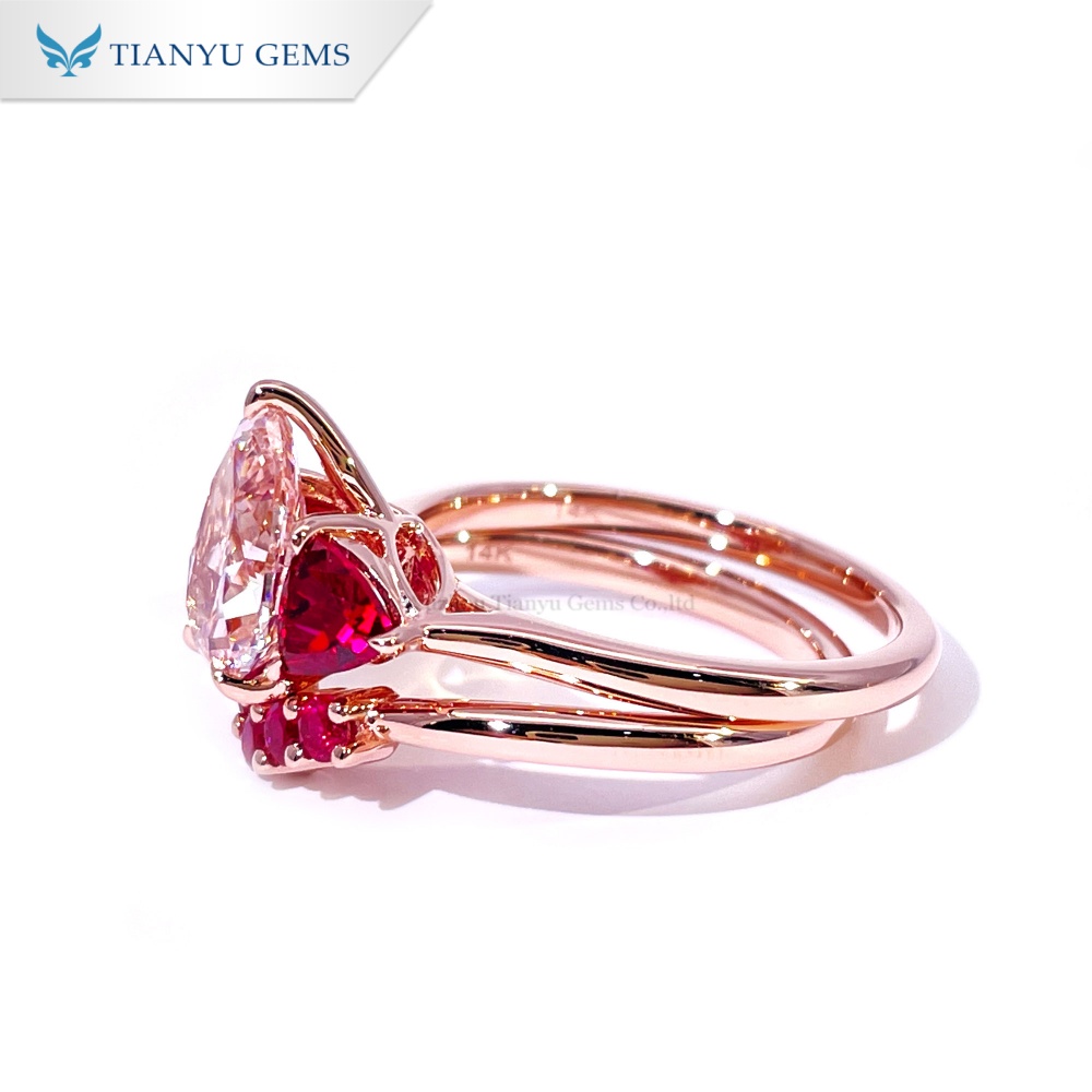 Set Cincin Berlian Merah Jambu Potongan Pear Tianyu Gems Set Perkahwinan Emas Mawar 5