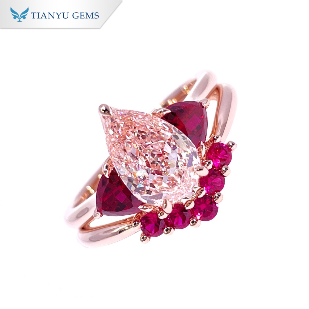 Set Cincin Berlian Merah Jambu Potongan Pear Tianyu Gems Set Perkahwinan Emas Mawar 3