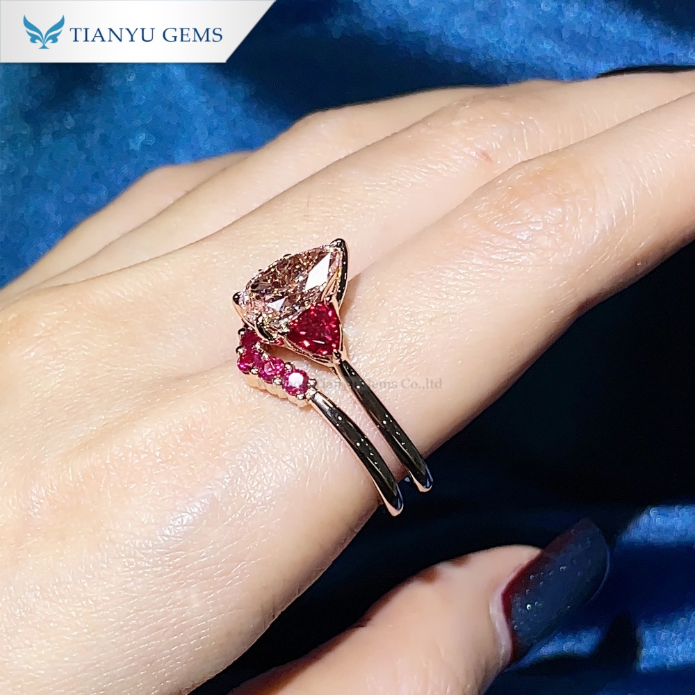 Set Cincin Berlian Merah Jambu Potongan Pear Tianyu Gems Set Perkahwinan Emas Mawar 2