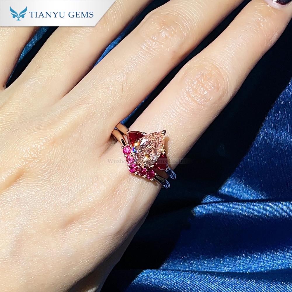 Set Cincin Berlian Merah Jambu Potongan Pear Tianyu Gems Set Perkahwinan Emas Mawar 4
