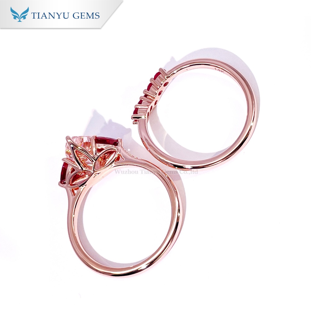 Set Cincin Berlian Merah Jambu Potongan Pear Tianyu Gems Set Perkahwinan Emas Mawar 6