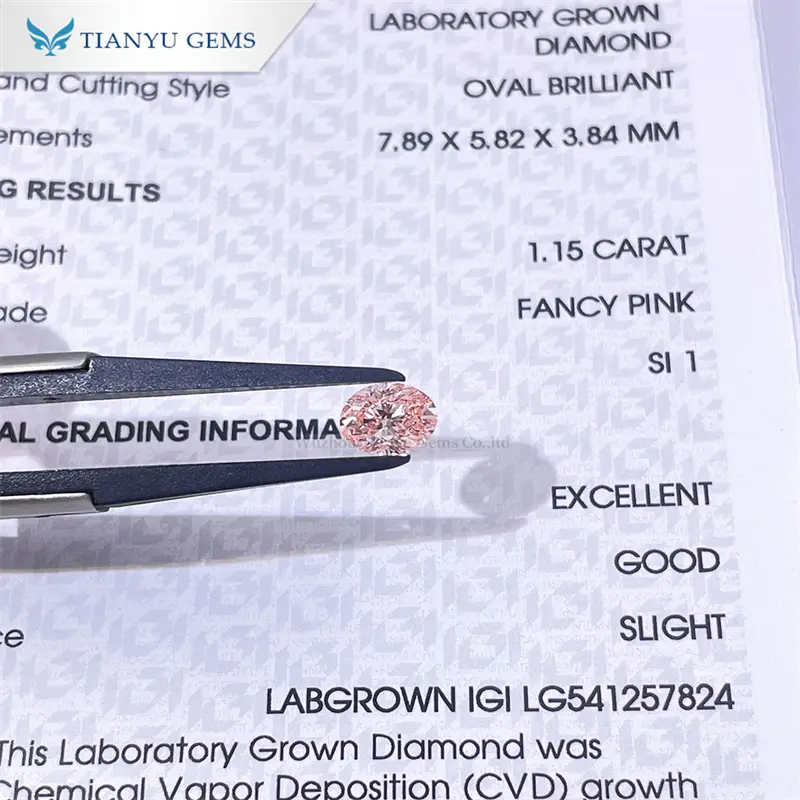 Tianyu Gems IGI Certificate 1.15ct Oval Cut Fancy Pink Lab Grown Diamond Wholesale For Custom Fancy Colors 1