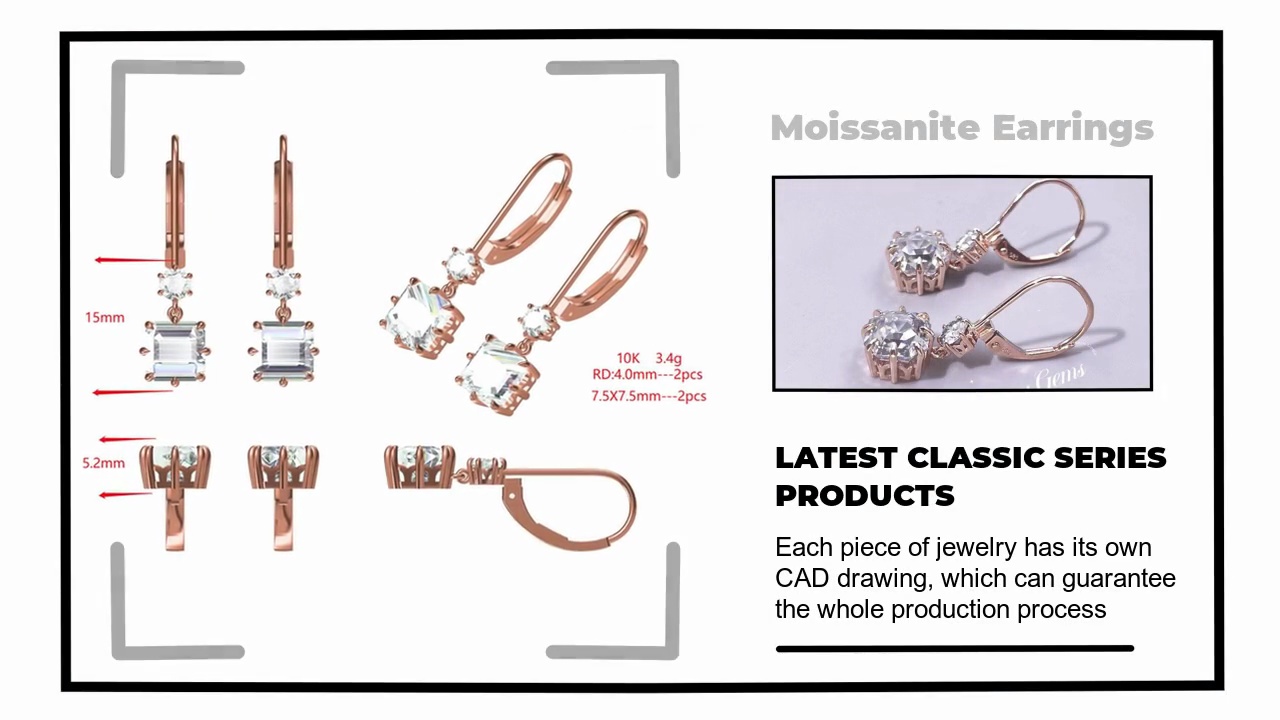 Each piece of jewelry has its own .CAD drawing, which can guarantee .the whole production process.LATEST CLASSIC SERIES.PRODUCTS .Moissanite Earrings.