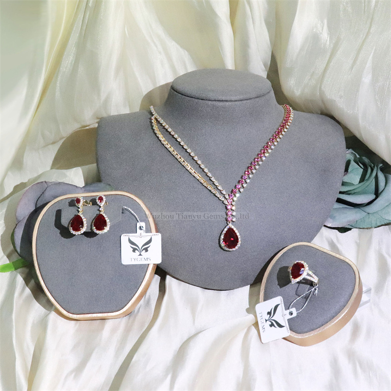 Tianyu Gems 14k Yellow Gold Jewelry Set  Lab Grown Pear Cut Red Ruby Jewelry Set 6