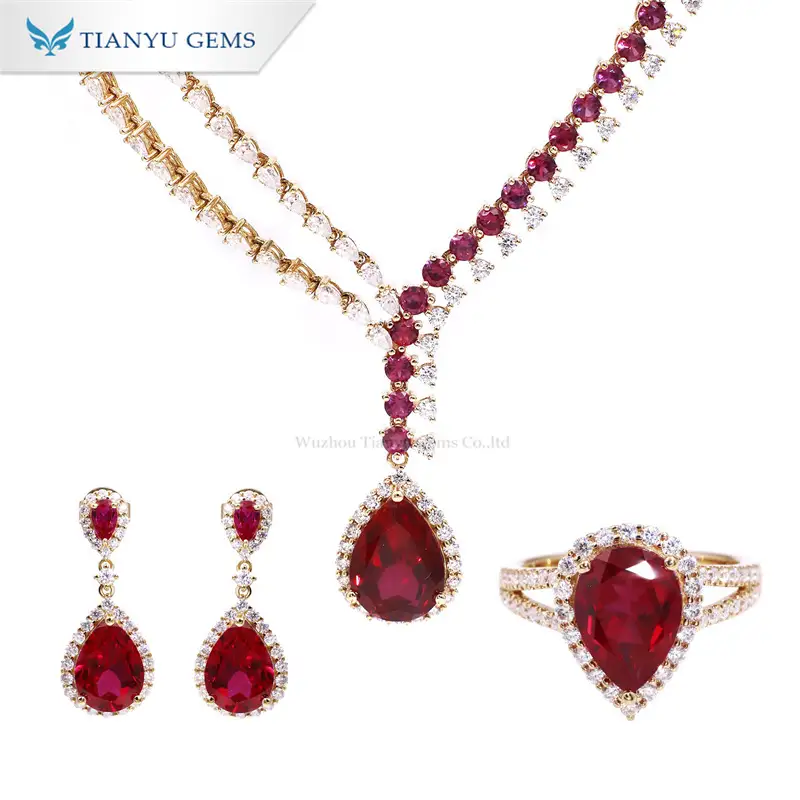Tianyu Gems 14k Yellow Gold Jewelry Set  Lab Grown Pear Cut Red Ruby Jewelry Set 1