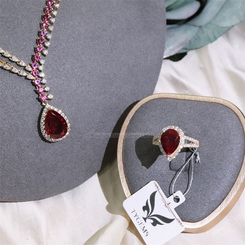 Tianyu Gems 14k Yellow Gold Jewelry Set  Lab Grown Pear Cut Red Ruby Jewelry Set 8