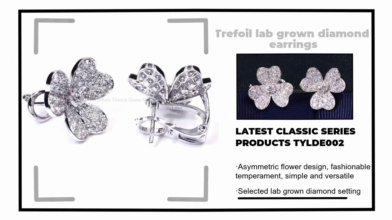 ·Asymmetric flower design, fashionable .temperament, simple and versatile.·Selected lab grown diamond setting.LATEST CLASSIC SERIES.PRODUCTS TYLDE002.Trefoil lab grown diamond .earrings.