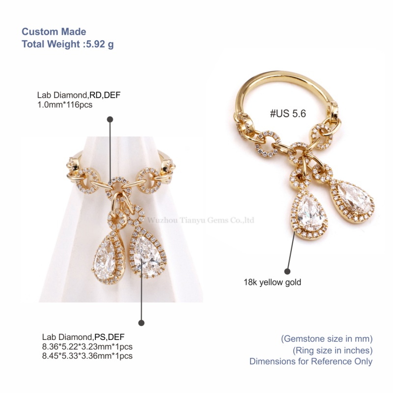 Tianyu Gems Pear Cut Lab Diamond Pendant Engagement Ring 18k Yellow Gold Ring 5