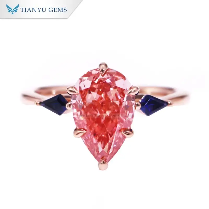 Tianyu Gems  Pear Cut Pink Lab Diamond  Ring  Kite Royal Blue Sapphire 18k Rose Gold Three-stone Ring 1