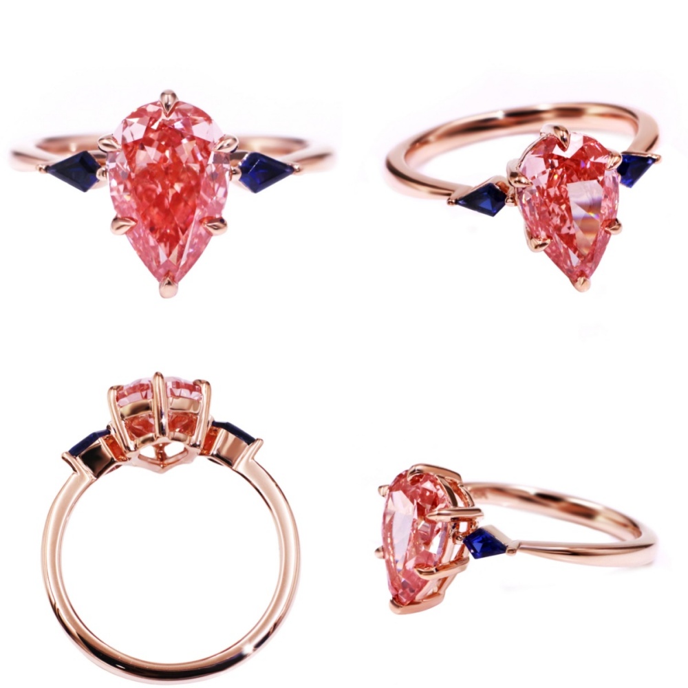Tianyu Gems  Pear Cut Pink Lab Diamond  Ring  Kite Royal Blue Sapphire 18k Rose Gold Three-stone Ring 6