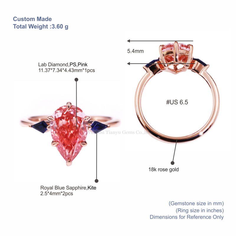 Tianyu Gems  Pear Cut Pink Lab Diamond  Ring  Kite Royal Blue Sapphire 18k Rose Gold Three-stone Ring 5
