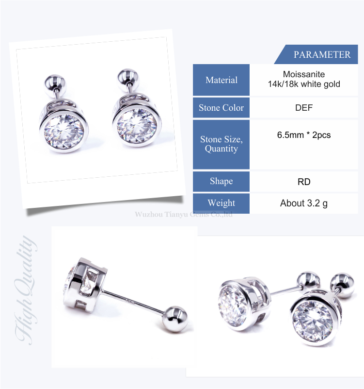 Tianyu 14k/18k white gold earring 6.5mm round heart&arrow moissanite screw back earring