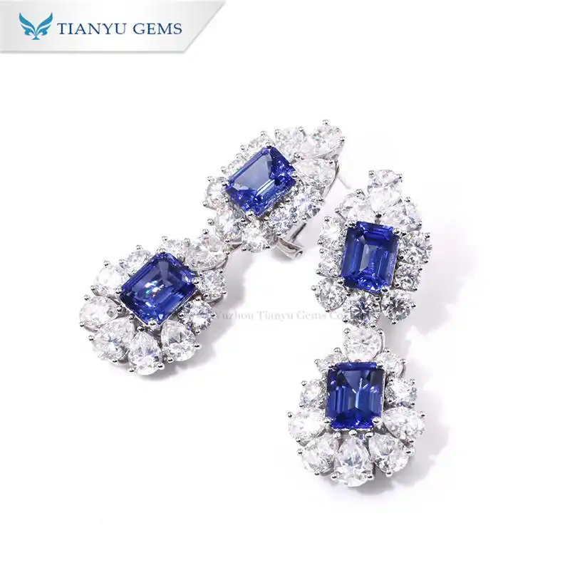 Tianyu Gems lab sapphire&amp;moissanite diamond 14k/18k white gold luxury earrings factory women's stud earrings jewelry 1