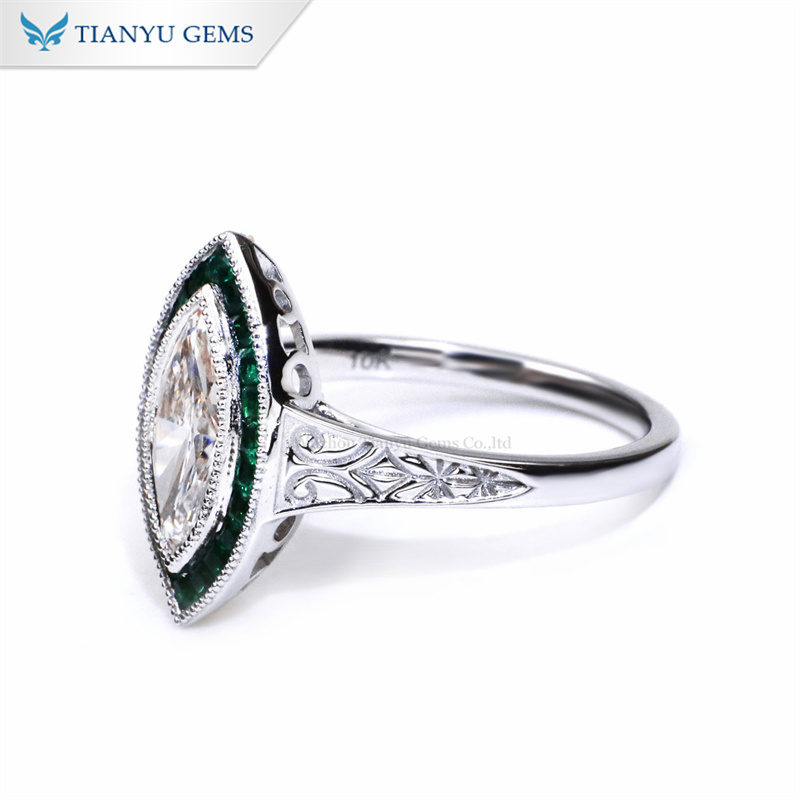 Tianyu Gems Marquise Lab Diamond Engagement Ring French Cut Emerald Ring In 10k Gold 6