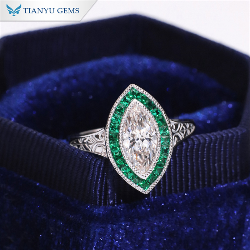 Tianyu Gems Marquise Lab Diamond Engagement Ring French Cut Emerald Ring In 10k Gold 2
