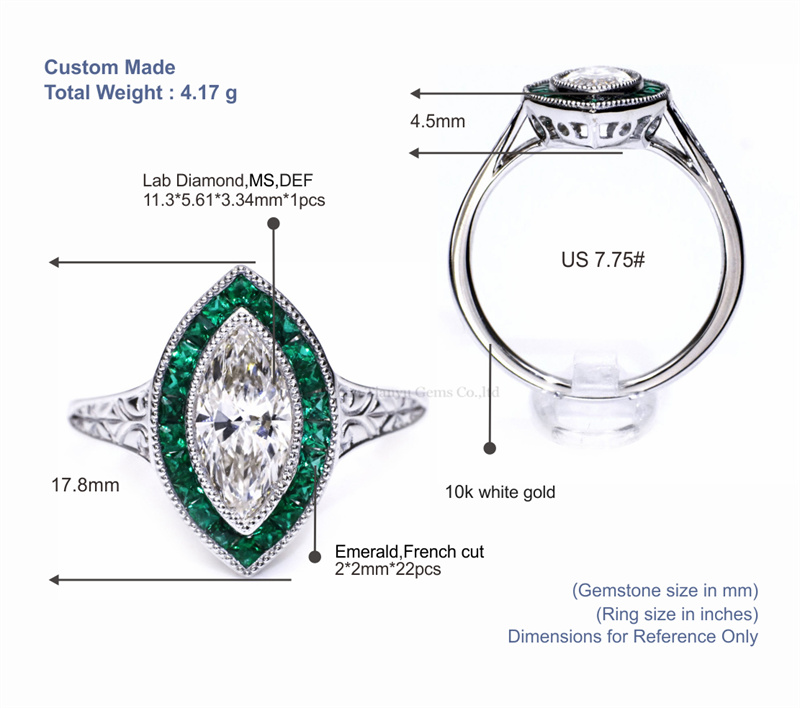 Tianyu Gems Marquise Lab Diamond Engagement Ring French Cut Emerald Ring In 10k Gold 5