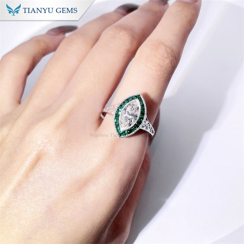 Tianyu Gems Marquise Lab Diamond Engagement Ring French Cut Emerald Ring In 10k Gold 4