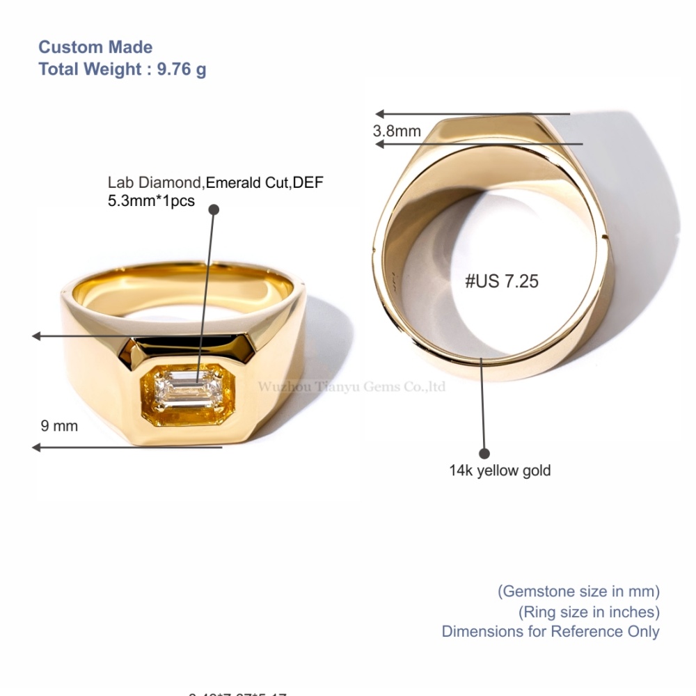 Tianyu Gems Smaragdschliff-Herrenring mit im Labor gezüchtetem Diamanten, 14 Karat Gelbgold 5