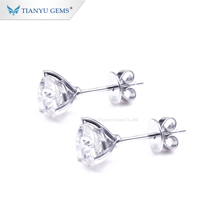 Wholesale stock 3 prongs moissanite studs earrings 14k white gold earrings 12