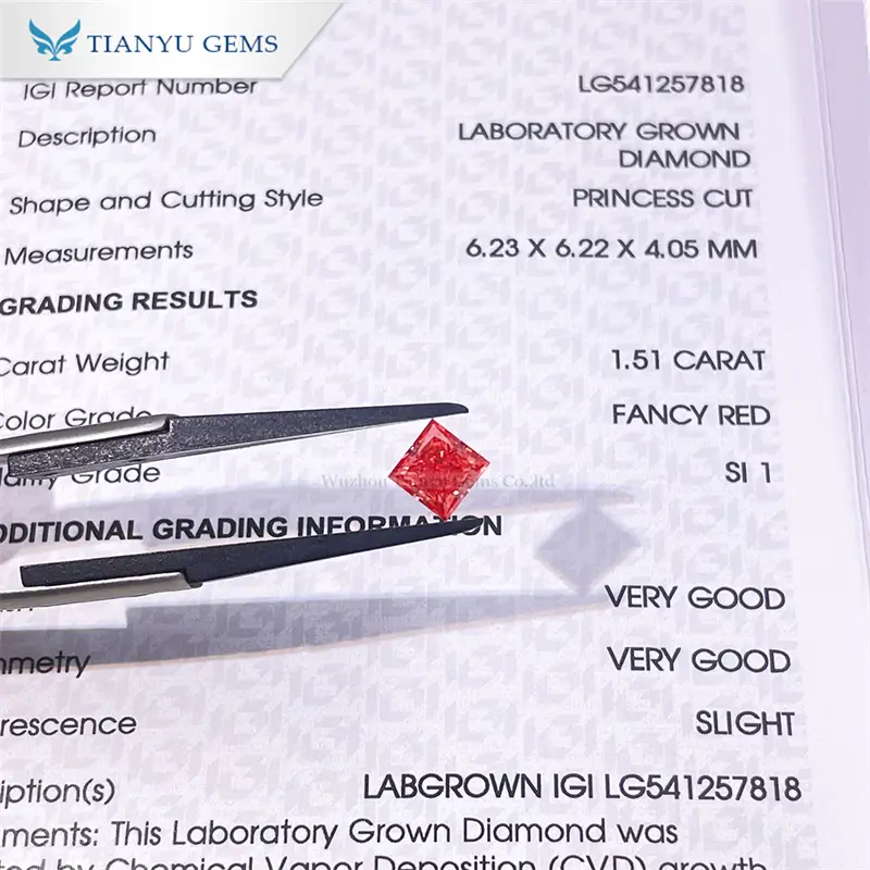 Tianyu Gems Princess Cut 1.51ct Fancy Red  3EX IGI Certified  Lab Grown CVD Diamond  Wholesale For Custom Fancy Colors 1