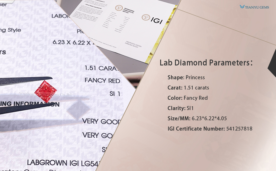 Tianyu Gems Princess Cut 1.51ct Fancy Red  3EX IGI Certified  Lab Grown CVD Diamond  Wholesale For Custom Fancy Colors 5